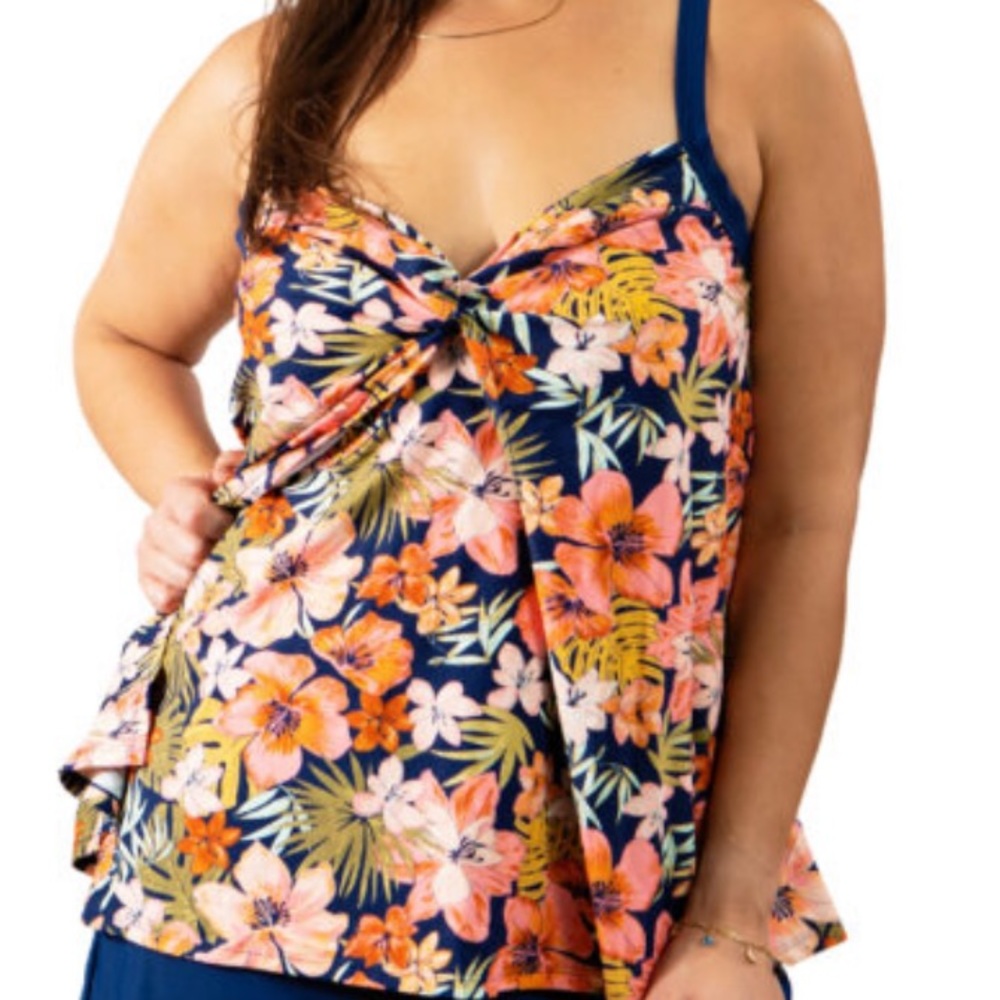Plus Size Navy Floral Twist-Front Bikini Tankini Top